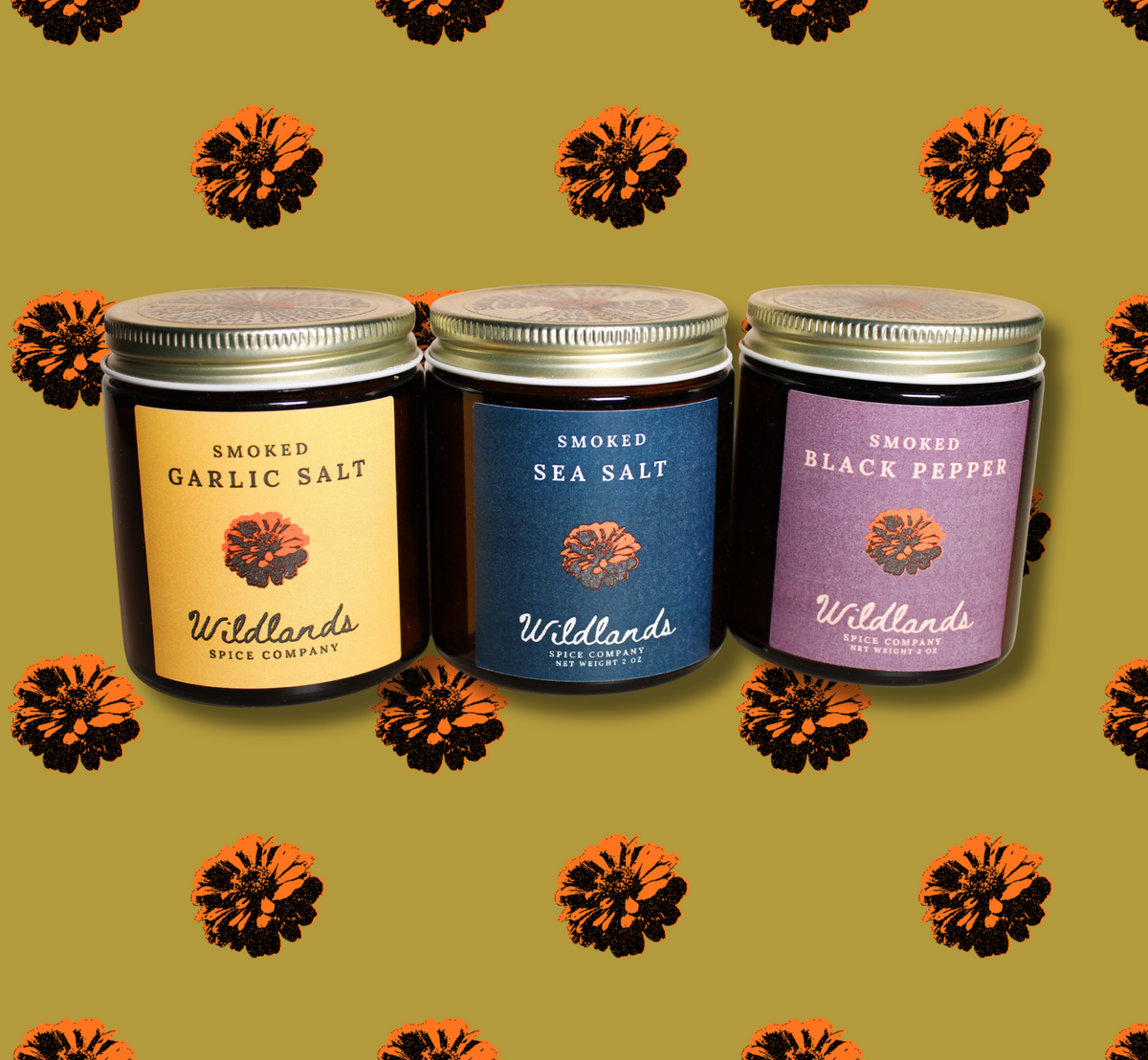 Wildlands Spice Co. Smoke Vol 1 three-pack: Smoked Garlic Salt, Smoked Black Pepper, and Smoked Sea Salt