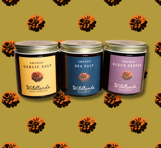 Wildlands Spice Co. Smoke Vol 1 three-pack: Smoked Garlic Salt, Smoked Black Pepper, and Smoked Sea Salt