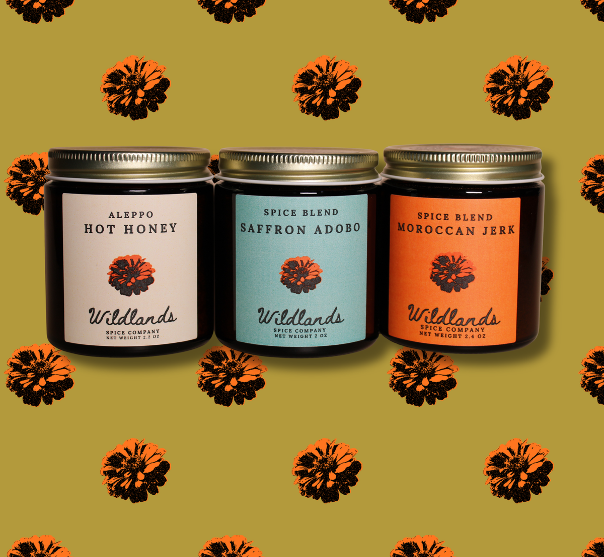 Wildlands Spice Co. Blends Volume 1 three-pack: Aleppo Hot Honey, Saffron Adobo, and Moroccan Jerk
